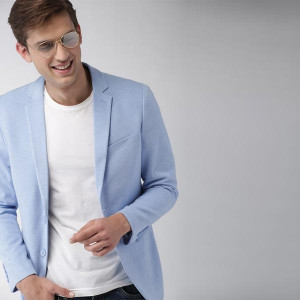 Men Blue Solid Single-Breasted Knitted Blazer